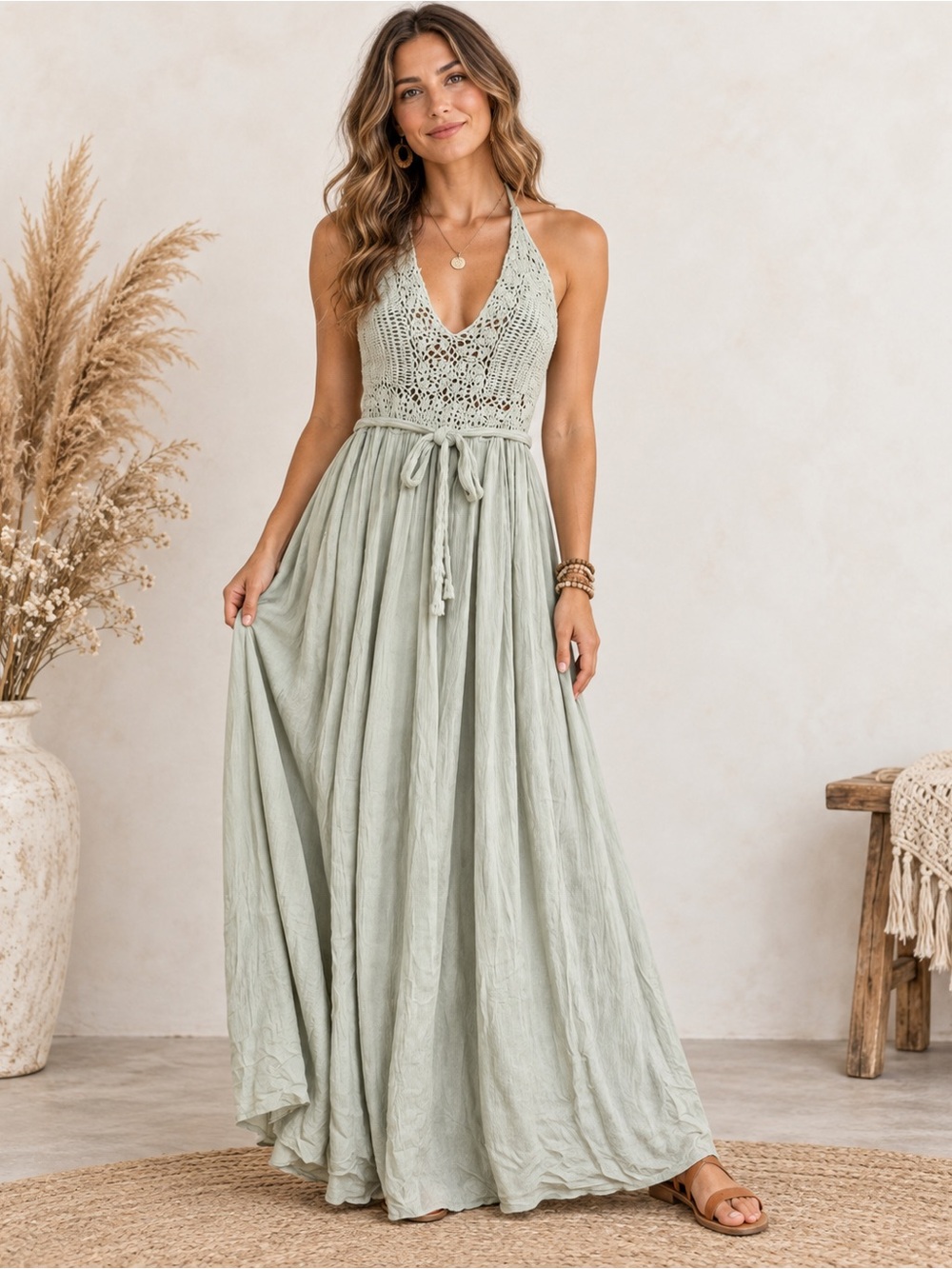 Mirror Image India crochet top green maxi dress deep V-neck crochet bodice flowy